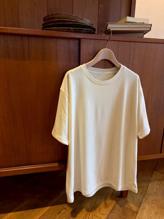 WEFT white T-shirt on wooden hanger